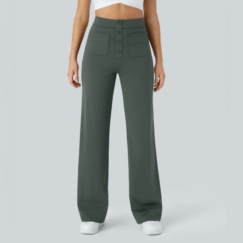 High-Waist Wide-Leg Pants in Dark Green